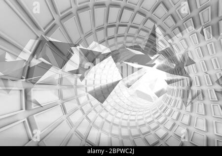 Tunnel blanc tournant avec tuiles extrudées technologiques et structure triangulaire abstraite chaotique. Graphique numérique, illustration de rendu 3d Banque D'Images