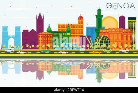 Genoa Italie Skyline avec des bâtiments de couleur, ciel bleu et réflexions. Illustration vectorielle. Illustration de Vecteur