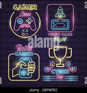 jeu vidéo rétro néon ensemble icônes Illustration de Vecteur