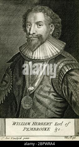 William Herbert, 3rd comte de Pembroke (1580-1630), fondateur du Pembroke College d'Oxford et protecteur des arts Gravure créée en 1700s par George Vertue (1683-1756), après un portrait de Daniel Mytens (1590-1647), qui était à son tour basé sur un tableau de Sir Anthony van Dyck (1599-1641). Banque D'Images