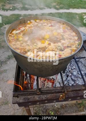 Bograch. Soupe au paprika, viande, haricots, légumes, boulettes. Goulash hongrois traditionnel au chou-fleur. Repas cuisiné à l'extérieur sur un feu ouvert Banque D'Images