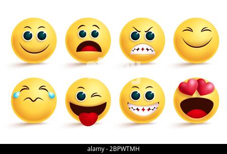 Ensemble de vecteurs emoji. Émotiji visage jaune et émoticône avec dans l'amour, colère, heureux, et naughty cute expressions faciales isolées pour l'élément de design. Illustration de Vecteur