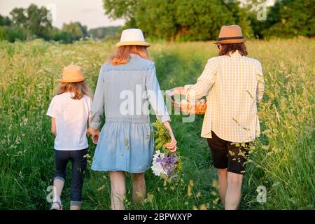 Femme avec deux filles marchant dans la prairie avec panier, vue arrière Banque D'Images