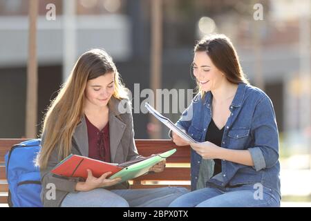 Deux professionnels les étudiants en lecture de notes assis sur un banc dans un parc Banque D'Images