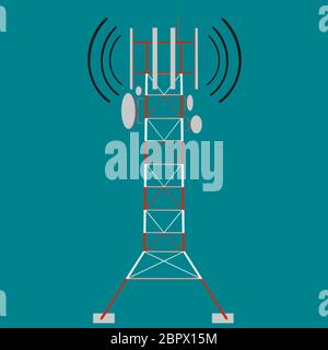 Tour de télécommunication de 4g ou 5g cellulaire, mât radio. Antenne de diffusion de radiodiffusion, de télévision et de radio-ondes. Illustration de style plat. Banque D'Images