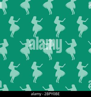 Silhouette de danseur Hula sans couture à motif vectoriel vert et turquoise. Les femmes hawaïennes dansent le fond traditionnel de Hula. Hawaï moderne et répétitif Illustration de Vecteur