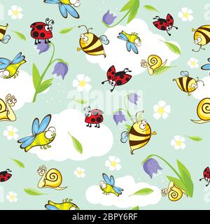 Vector Spring dessin amusant insectes dessin sans couture Illustration de Vecteur