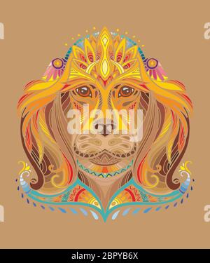 Motif vectoriel décoratif pour chiens tête décorative. Illustration vectorielle abstraite colorée de la tête de chien isolée sur fond marron. Illustration du stock pour Illustration de Vecteur