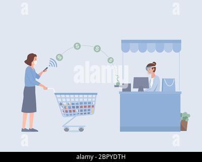 Les femmes portant un masque chirurgical avec le panier d'achat utilisant le paiement mobile pour payer l'argent en ligne pour envoyer de l'argent dans le tiroir de caisse. Illustration de Vecteur