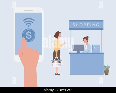 Un seul bouton sur l'écran mobile pour utiliser le paiement en ligne pour payer de l'argent devant la caisse au caissier d'un centre commercial. Illustration de Vecteur