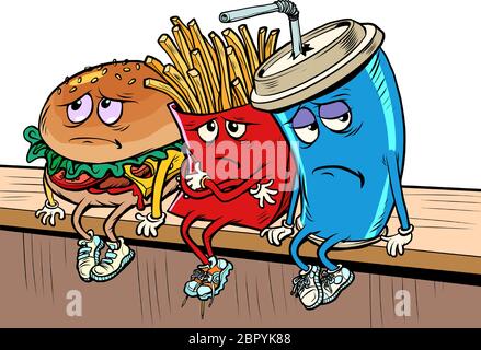 Tristes personnages de fast food frites Cola Burger Illustration de Vecteur