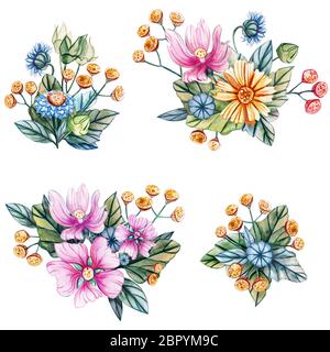 Illustration à l'aquarelle avec des bouquets de fleurs pour un mariage. Carte floral rose avec des fleurs de mauve, jaune, jaune à la camomille et tansy dais bleu Banque D'Images