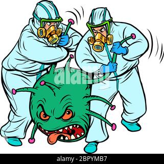 Médecins en combinaisons de protection et un coronavirus. Humour caricature. Le virus a été arrêté en tant que criminel Illustration de Vecteur