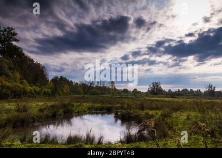 Un paysage grand angle photo du sanctuaire d'oiseaux, avec un ciel dramatique et un petit lac à l'avant-plan Banque D'Images