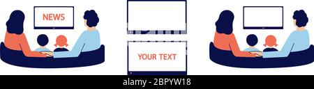 Famille heureuse avec de petits enfants assis sur le canapé et regardant les nouvelles à la télévision à la maison. Femme et mari tenant les mains. Ensemble vectoriel d'isolation plate moderne Illustration de Vecteur