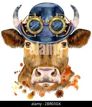 Graphiques couleur eau Bull. Bull animal avec chapeau Bowler et steampunk lunettes illustration avec splash aquarelle texture fond. Banque D'Images