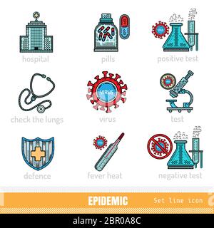 Coronavirus, ensemble d'icônes de contour de couleur. Vérifier les poumons, test positif, test négatif, virush, hôpital. Illustration de Vecteur