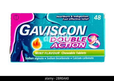 Comprimés double action de Gaviscon, comprimés de Gaviscon, comprimés de brûlures d'estomac de Gaviscon, comprimés d'indigestion de Gaviscon, bicarbonate de sodium, alginate de sodium, Banque D'Images