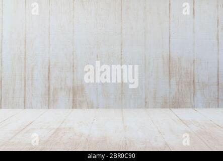 Plateau de table blanc en bois vide prêt pour le montage de présentation de produit avec fond en bois blanc. Banque D'Images