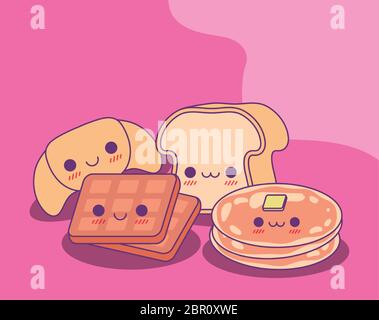 Motif gaufré et crêpe, kawaii food adorable personnage émoticone thème illustration vectorielle Illustration de Vecteur