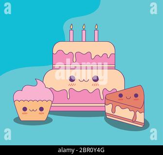 Motif gâteau et cupcake, kawaii food adorable personnage émoticone thème illustration vectorielle Illustration de Vecteur