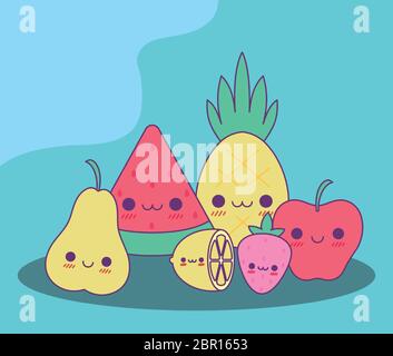 Motifs de dessins animés de fruits, kawaii nourriture mignon personnage émoticône thème illustration vectorielle Illustration de Vecteur