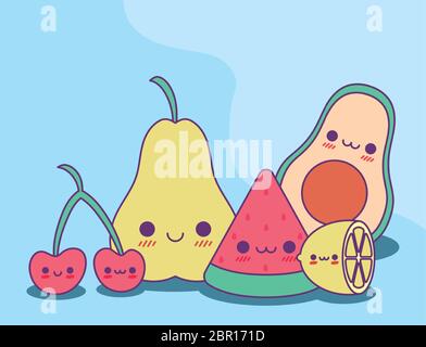 Motifs de dessins animés de fruits, kawaii nourriture mignon personnage émoticône thème illustration vectorielle Illustration de Vecteur