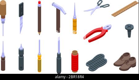 Jeu d'icônes de réparation de chaussures, style isométrique Illustration de Vecteur