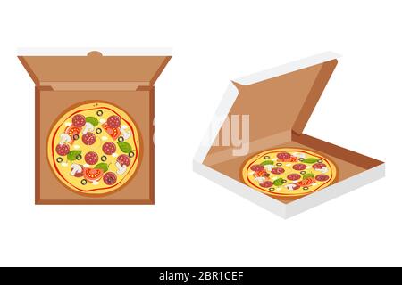 Pizza dans une boîte isolée sur fond blanc Illustration de Vecteur