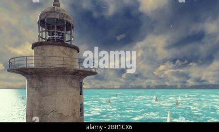 Vieux phare sur la côte au lever du soleil. Banque D'Images