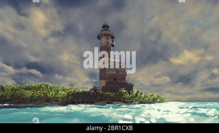 Vieux phare sur la côte au lever du soleil. Banque D'Images