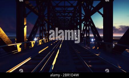Pont ferroviaire avec voitures de nuit s'allume sur un coucher de soleil contre le ciel bleu et la mer. Banque D'Images