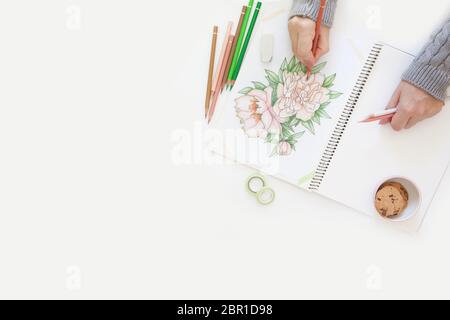 Image / croquis d'un bouquet de fleurs sur fond blanc. Crayons de couleur. Banque D'Images