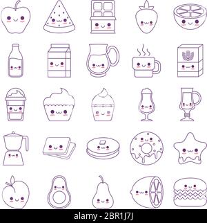 Design de jeu d'icônes style ligne, dessins animés de la nourriture kawaii thème illustration vectorielle Illustration de Vecteur