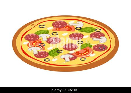 Pizza fraîche avec tomate, fromage, olive, saucisse, oignon, basilic. Restauration rapide italienne traditionnelle. Repas vue de dessus. En-cas européen. Illustration de Vecteur