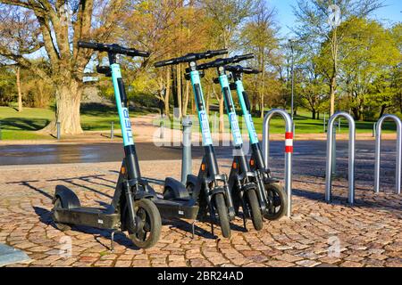 Scooters électriques ou e-scooters stationnés en ville près du parc, tôt le matin. Helsinki, Finlande. 14 mai 2020. Banque D'Images