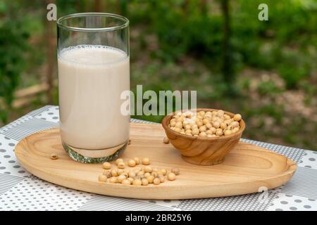 Lait de soja ou lait de soja dans un verre et graines de soja dans un bol en bois sur plateau en bois Banque D'Images