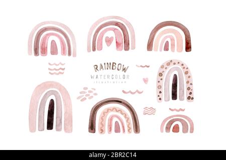 Ensemble de raindow aquarelle pour enfants, clipart scandinave avec arcs-en-ciel en boho peints à la main. Art de la crèche dans un style scandinave tendance. Contemporain Banque D'Images