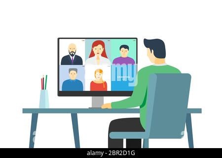 Homme utilisant un ordinateur avec un groupe de personnes à l'écran participant à une conférence en ligne. Séminaire en ligne ou vidéoconférence sur l'enseignement à distance et la réunion à domicile. Visioconférence et communication Web à distance Illustration de Vecteur