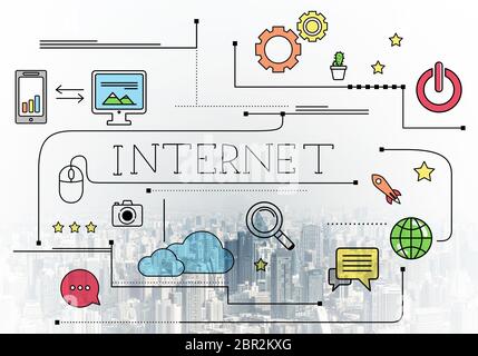 Connexion Internet avec signes médias croquis Banque D'Images