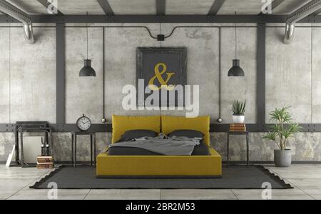 Noir et jaune lit double en mezzanine avec mur de béton et de fer - éléments de rendu 3D Banque D'Images