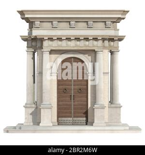 Portail ancien en style néo-classique en bois avec porte avant et la colonne dorique isolé sur blanc - le rendu 3D Banque D'Images