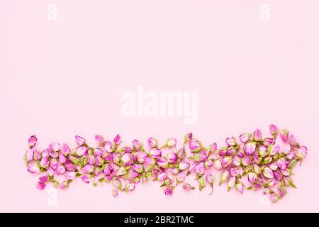 Bordure de roses séchées pour le thé sur fond rose. Vue de dessus, espace de copie pour le texte Banque D'Images