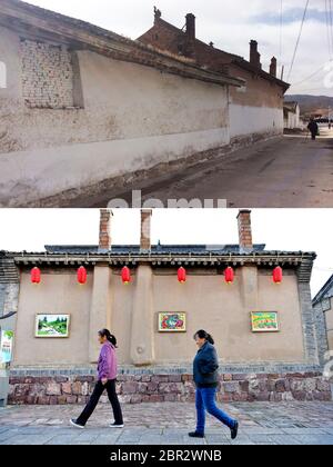 (200520) -- KELAN, 20 mai 2020 (Xinhua) -- la photo combinée montre la vue de rue dans le village de Songjiagou dans le comté de Kelan, dans la province du Shanxi, au nord de la Chine, avant (photo de dossier, en haut) et après (photo prise par Cao Yang le 9 mai 2020) rénovation. Le comté de Kelan est situé dans le centre du plateau de Loess et des montagnes profondes de Lyuliang avec près de la moitié de ses villages confrontés à de mauvaises conditions de production et de vie. En 2017, le gouvernement local a mis en œuvre un plan de réinstallation des ménages pauvres dans les villages éloignés comme une étape clé pour réduire la pauvreté et le nouveau village de Songjiagou est devenu un relocá centralisé Banque D'Images