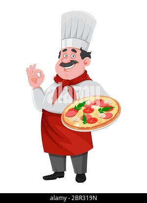 Beau personnage de chef représentant une bande dessinée qui tient une pizza. Cuisinier joyeux en uniforme professionnel. Illustration vectorielle Illustration de Vecteur