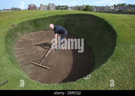 Directeur du Green Keeping à St Andrews Links Trust Sandy Reid rakes le bunker de Road Hole au 17e green sur le Old course à St Andrews. Le premier ministre Nicola Sturgeon doit annoncer jeudi une « carte de route » pour lever le blocage du coronavirus en Écosse Banque D'Images