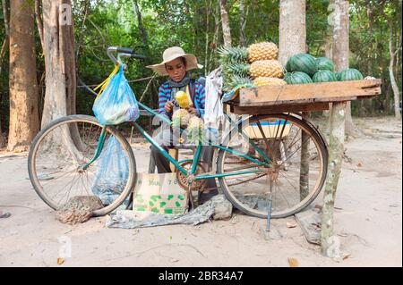 Ananas et pastèque à vendre au temple de Preah Khan. Angkor, site du patrimoine mondial de l'UNESCO, province de Siem Reap, Cambodge, Asie du Sud-est Banque D'Images