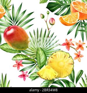 Motif tropical sans coutures aquarelle. Orange, mangue et ananas. Fruits exotiques et feuilles de palmier isolées sur blanc. Dessin botanique à la main Banque D'Images