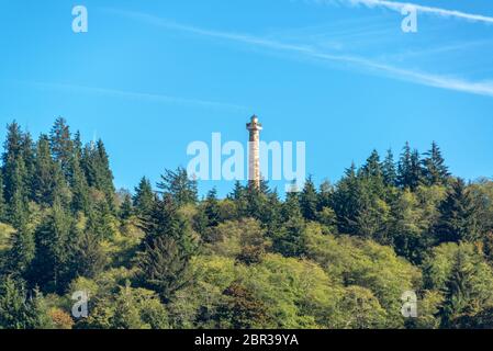 Avis de l'hôtel Astoria Column s'élevant au-dessus d'une forêt à Astoria, Oregon Banque D'Images