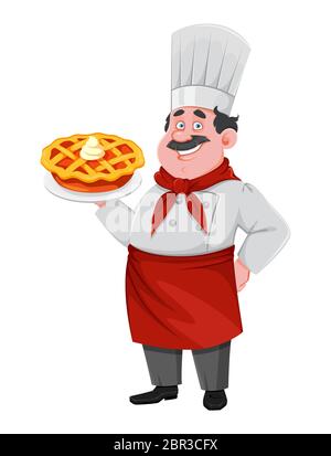 Beau personnage de chef de dessin animé tenant une tarte douce. Cuisinier joyeux en uniforme professionnel. Illustration vectorielle Illustration de Vecteur